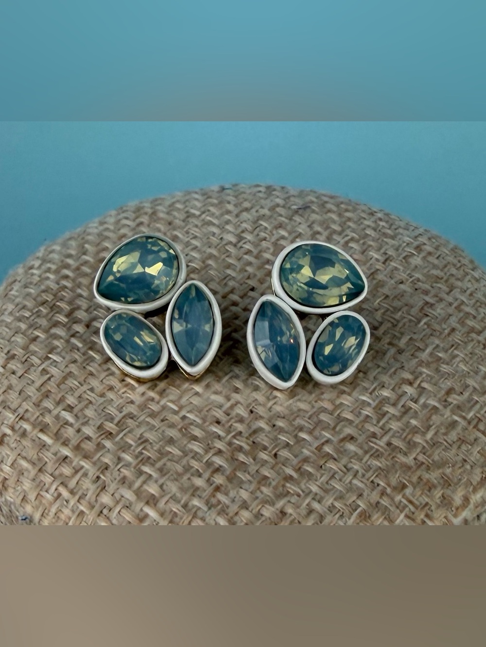 J Crew Baby Blue Crystal Enamel Cluster Stud Earrings Gold Tone Preppy